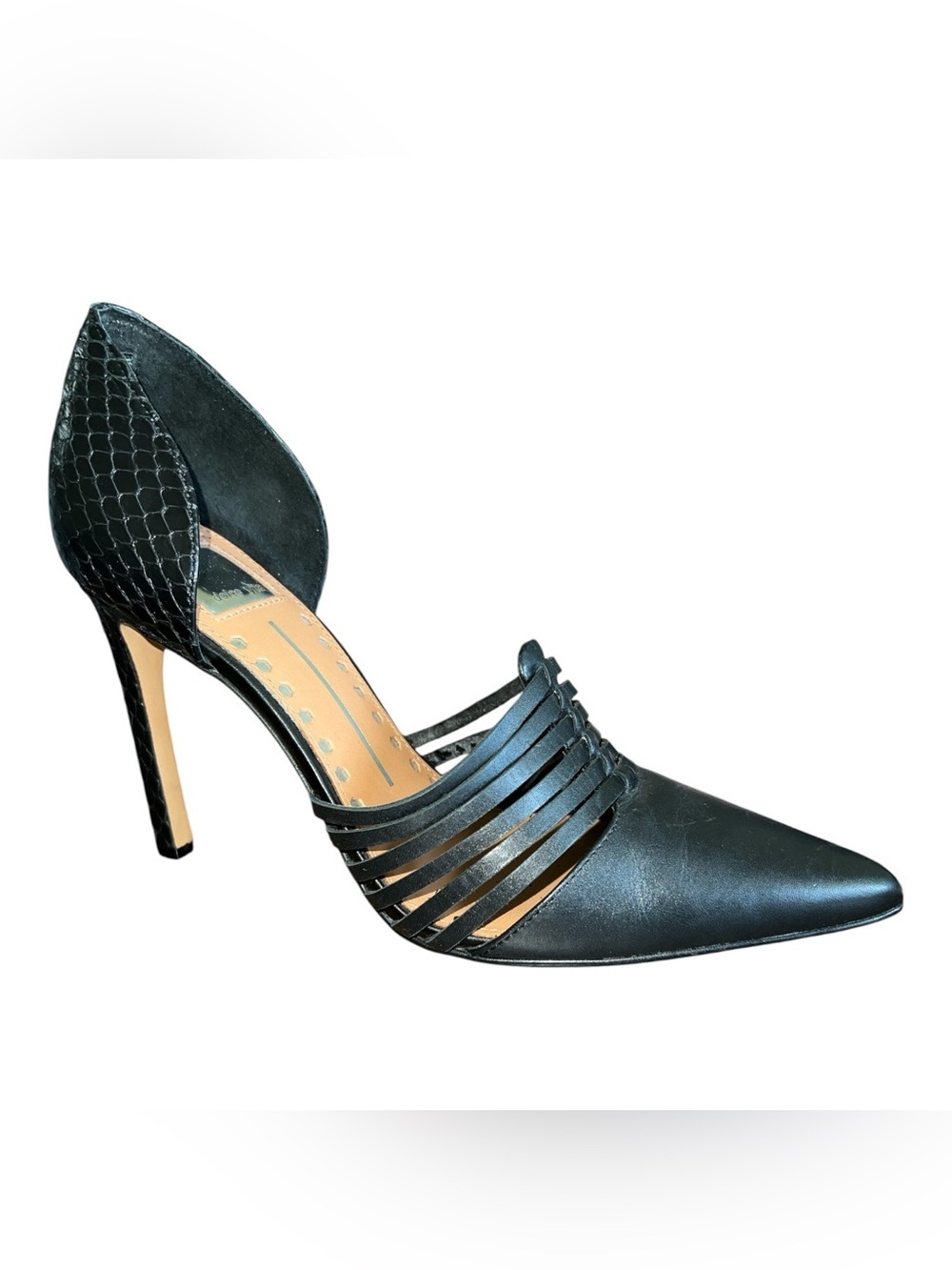 Dolce Vita Size 9.5 Black D’OrsayStrappy Stiletto Heels Snakeskin Pumps